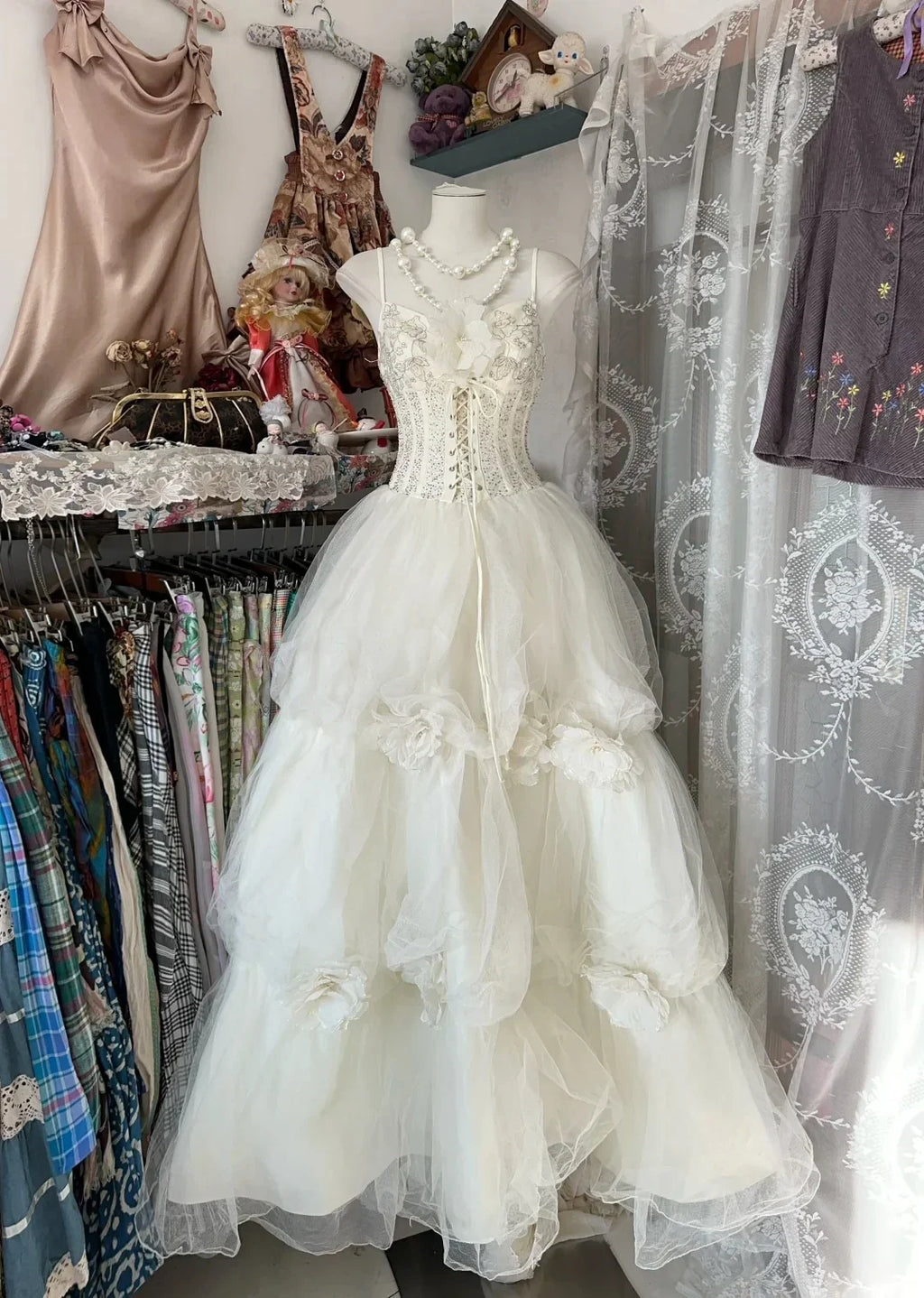 Ivory Romantic Spaghetti Strap Sleeveless Floral Maxi Prom Dress