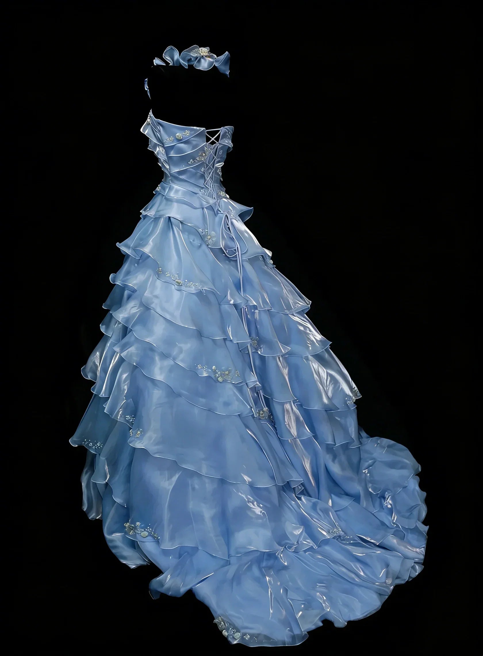 Light Blue Romantic Spaghetti Strap Sleeveless Ruffled Light Party Dress