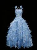 Light Blue Romantic Spaghetti Strap Sleeveless Ruffled Light Party Dress