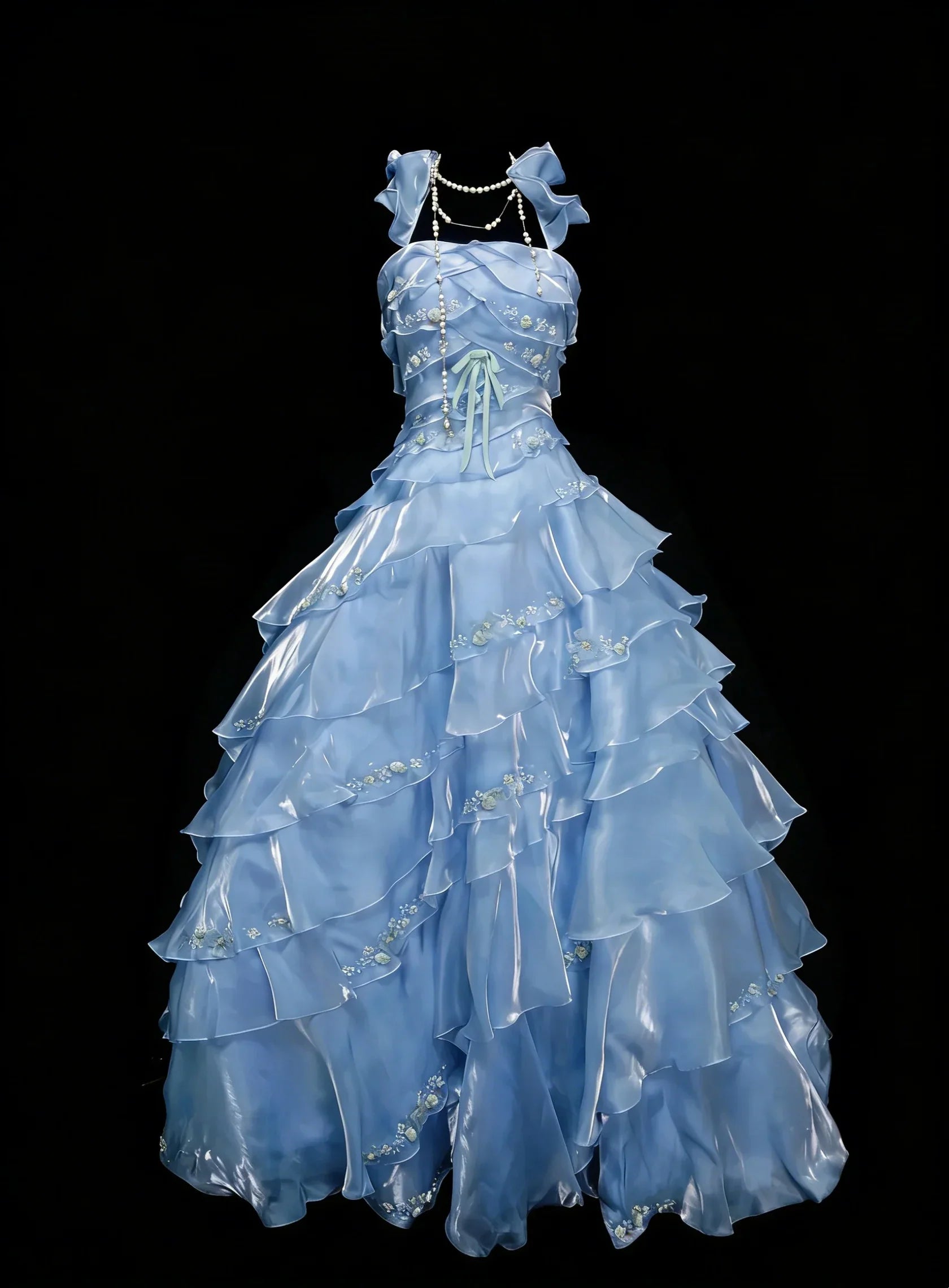 Light Blue Romantic Spaghetti Strap Sleeveless Ruffled Light Party Dress