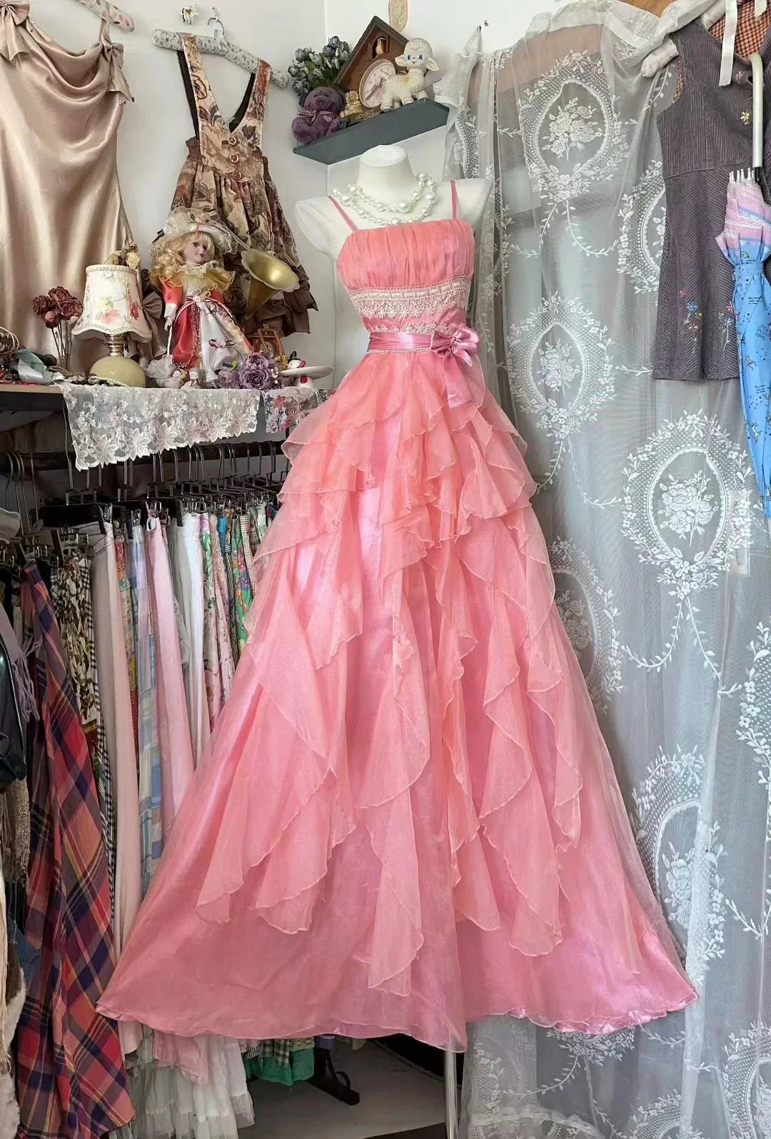 Pink Romantic Spaghetti Strap Sleeveless Ruffled Maxi Prom Dress