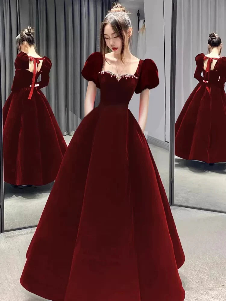 Red Romantic Square Neck Puff Sleeve Beaded Maxi Prom Dress