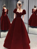 Red Romantic Square Neck Puff Sleeve Beaded Maxi Prom Dress