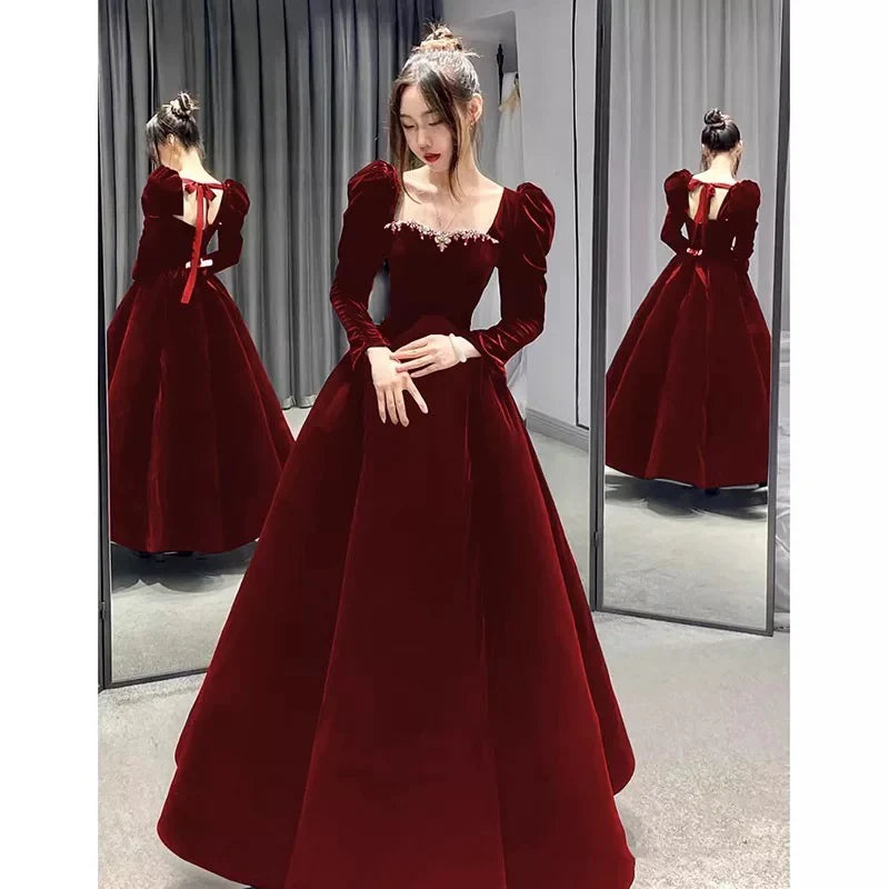 Red Romantic Square Neck Puff Sleeve Beaded Maxi Prom Dress