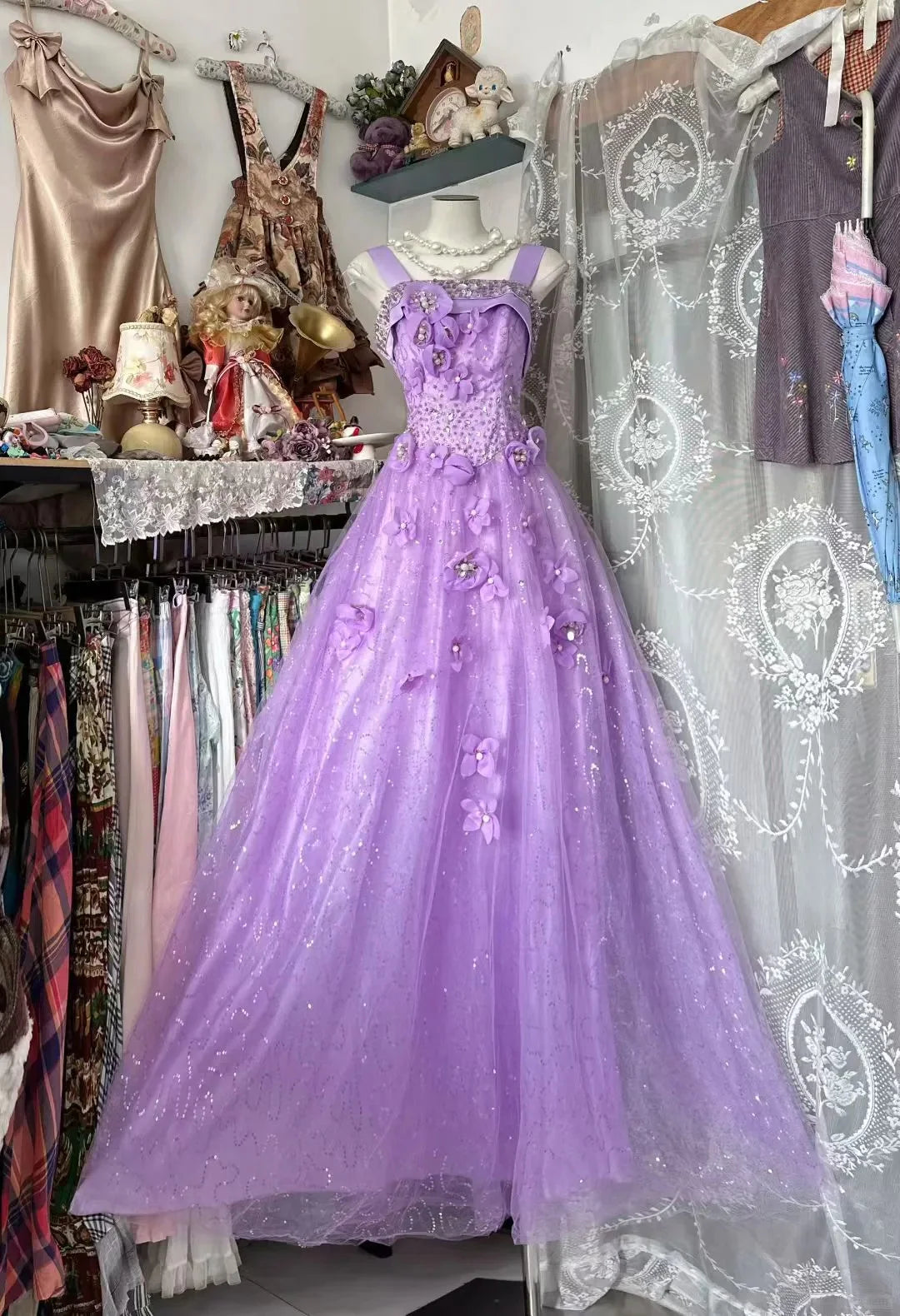 Lavender Romantic Square Neck Sleeveless Floral Maxi Prom Dress