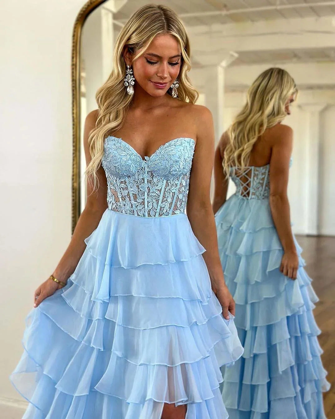 Sky Blue Romantic Strapless Ruffle Sky Maxi Party Dress