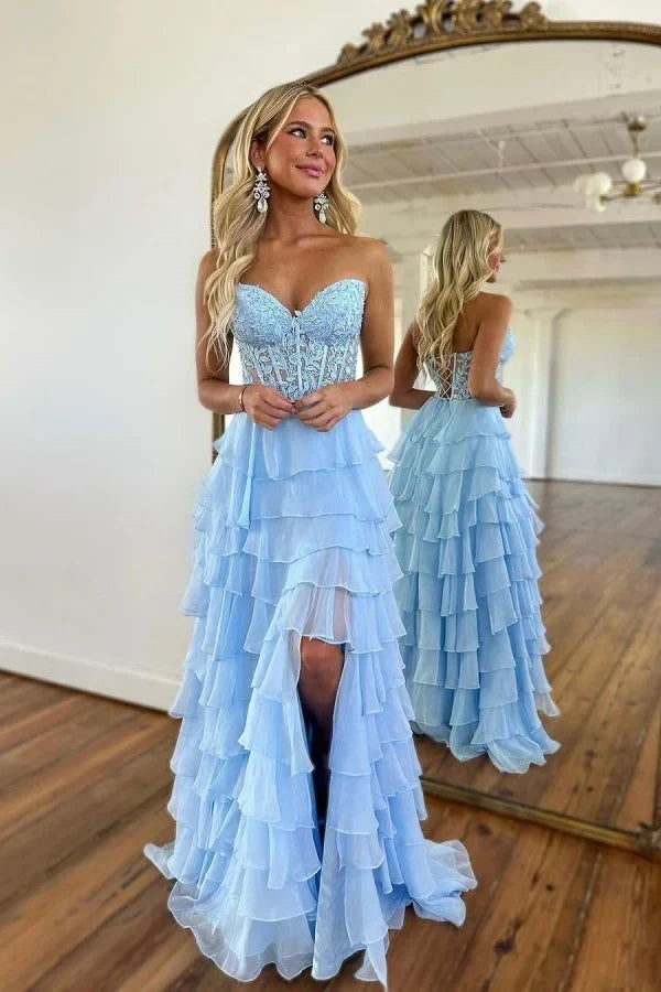 Sky Blue Romantic Strapless Ruffle Sky Maxi Party Dress