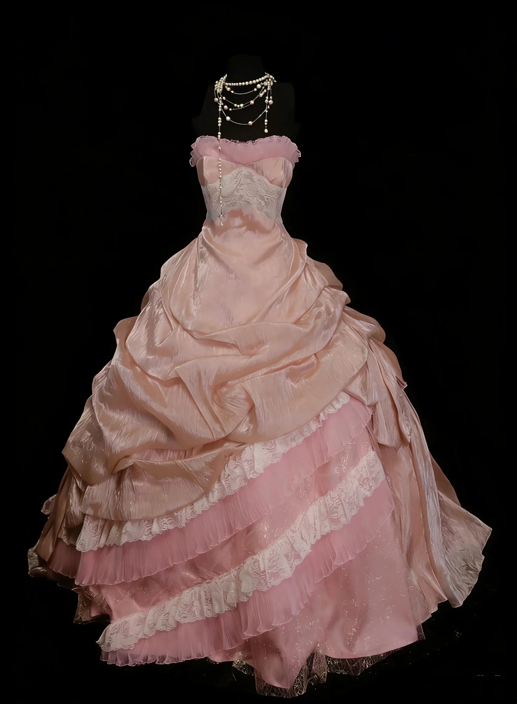 Romantic Strapless Ruffled Blush Maxi Prom Dress