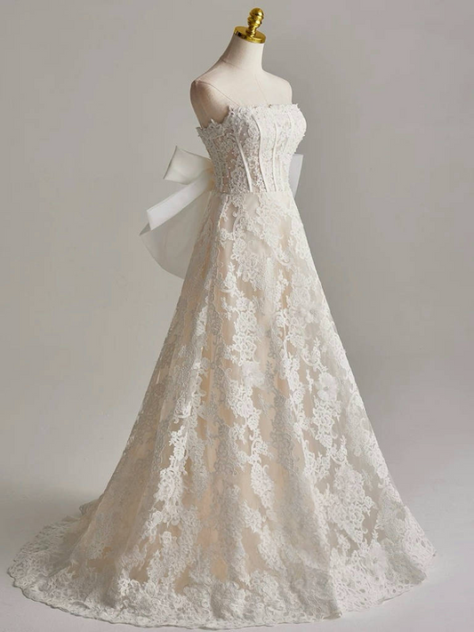 Romantic Champagne Floral A-Line Strapless Classic-Sleeve Lace-Up-Back Floor-Length Wedding Dress