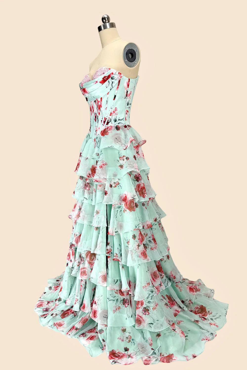 Mint Romantic Strapless Sleeveless Floral Floor-Length Evening Dress