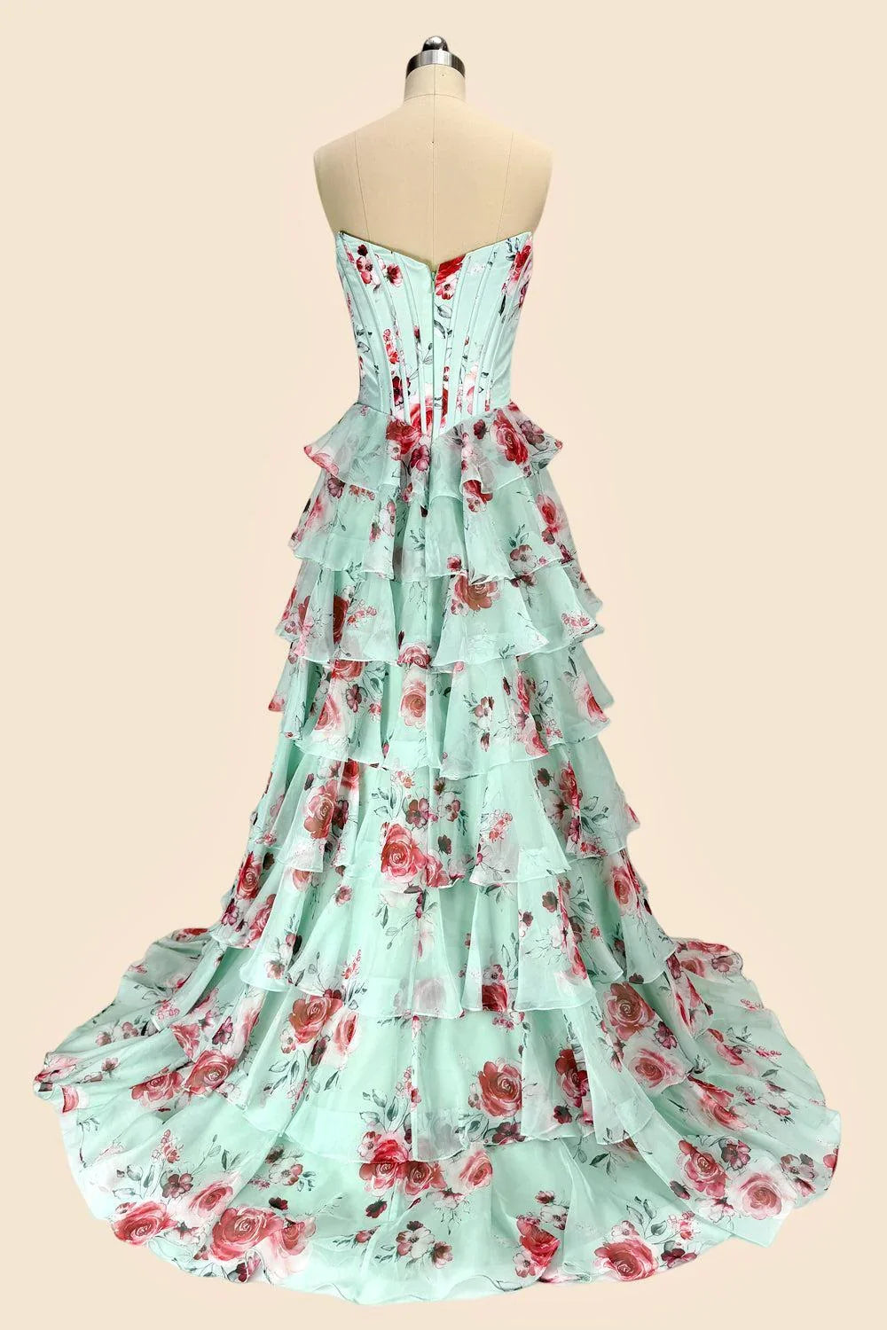 Mint Romantic Strapless Sleeveless Floral Floor-Length Evening Dress