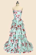 Mint Romantic Strapless Sleeveless Floral Floor-Length Evening Dress