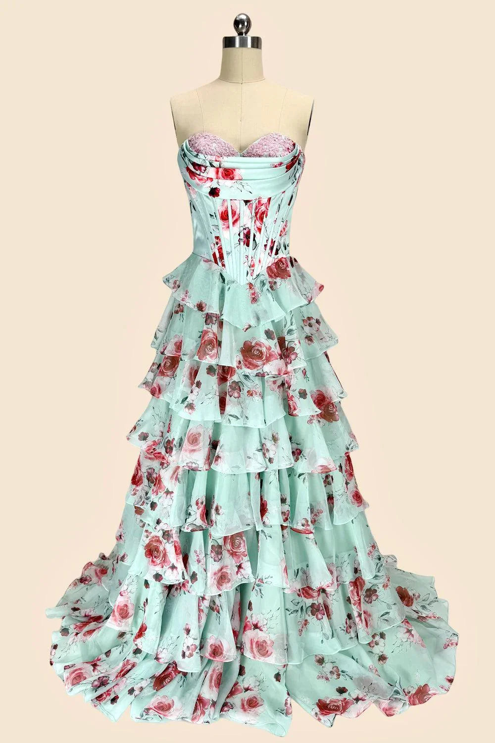 Mint Romantic Strapless Sleeveless Floral Floor-Length Evening Dress