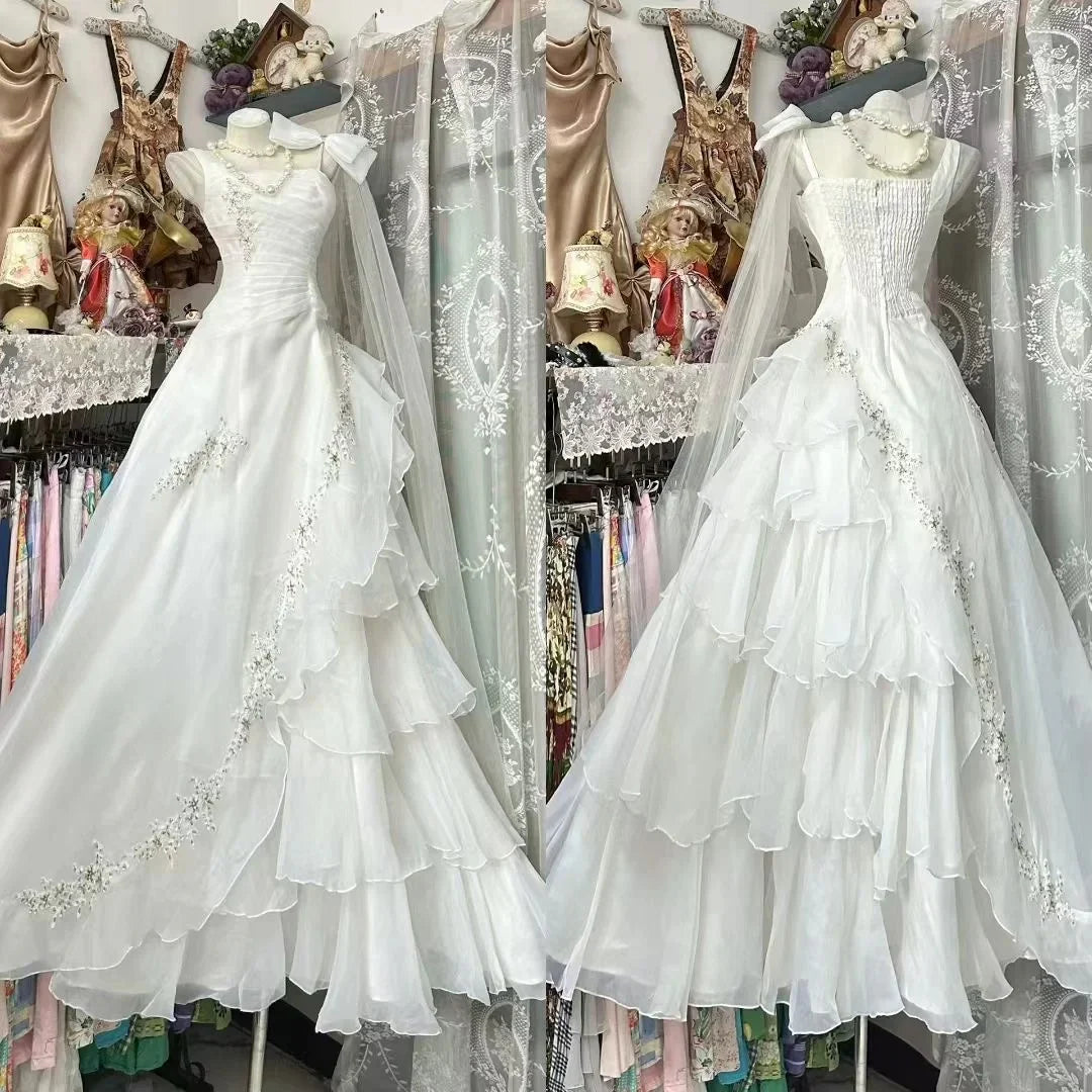 White Romantic Sweetheart Short Sleeve Ruffled Maxi Prom Dress