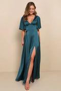 Teal Romantic Evening Dress with Deep V - Neck Flutter Sleeves Flowy Slit Skirt Ideal for Dreamy Night - Time