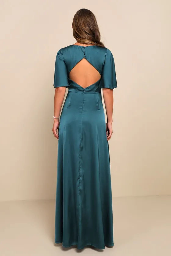 Teal Romantic Evening Dress with Deep V - Neck Flutter Sleeves Flowy Slit Skirt Ideal for Dreamy Night - Time