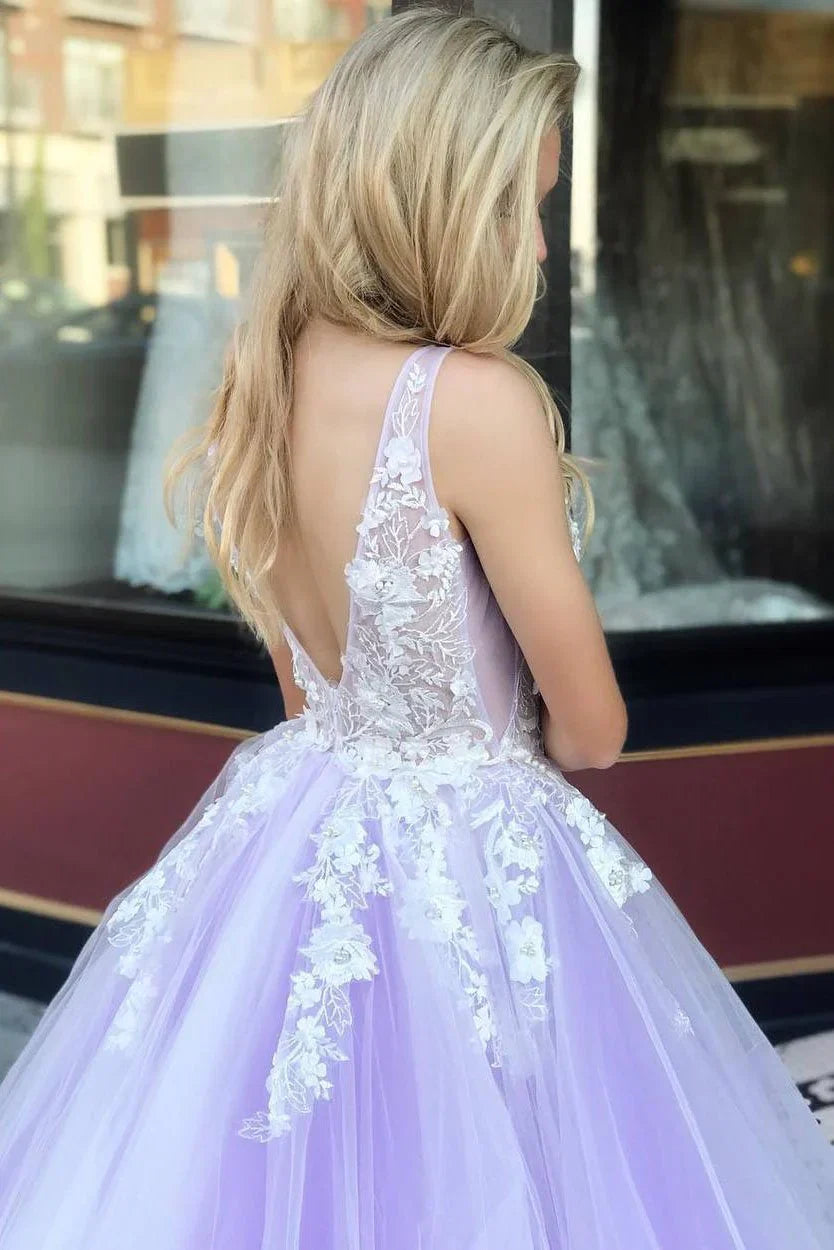 Lavender Romantic V-Neck Sleeveless Floor-Length Party Dress