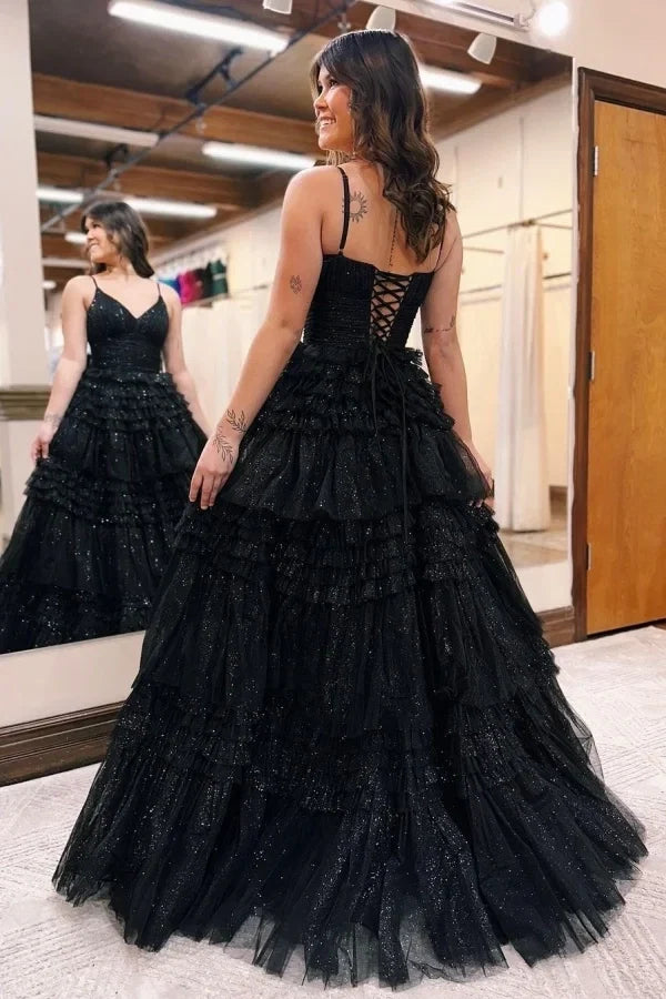 Black Romantic V-Neck Sleeveless Ruffled Maxi Evening Dress