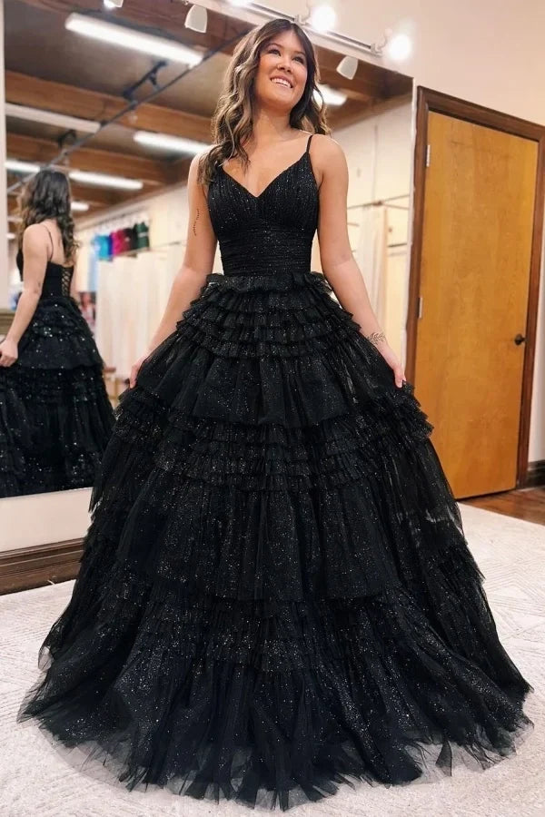 Black Romantic V-Neck Sleeveless Ruffled Maxi Evening Dress