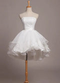 White Romantic Mini Dress with Strapless Neckline Skirt Asymmetric Ruffles and Detailing Ideal for Homecoming Style Statements