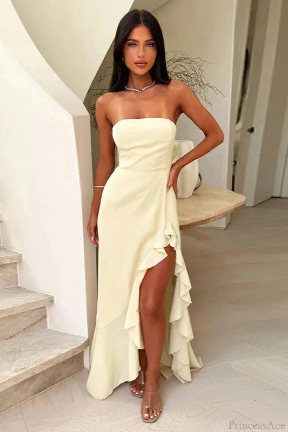 Yellow Romantic A-Line Off-The-Shoulder Sleeveless Up Ruffled Slit Floor-Length Prom Dresses
