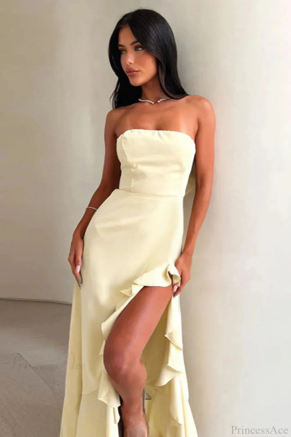 Yellow Romantic A-Line Off-The-Shoulder Sleeveless Up Ruffled Slit Floor-Length Prom Dresses