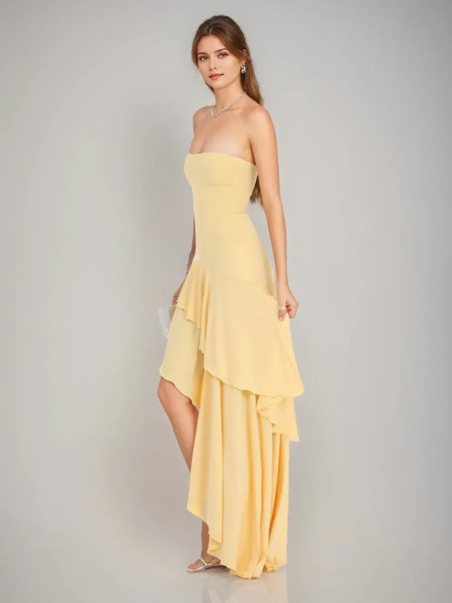 Yellow Romantic A-Line Strapless Sleeveless Asymmetrical High -Low Ruffle Hem Prom Dresses