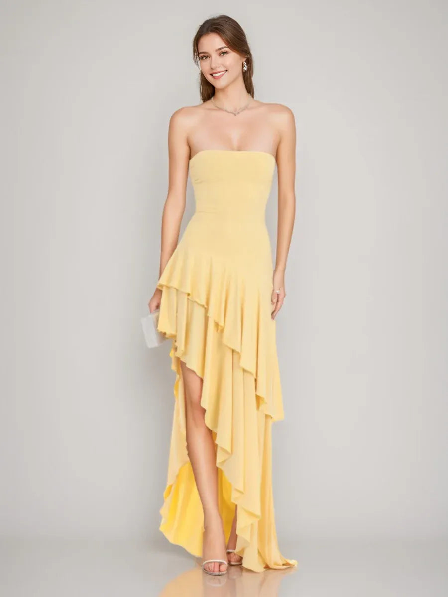 Yellow Romantic A-Line Strapless Sleeveless Asymmetrical High -Low Ruffle Hem Prom Dresses