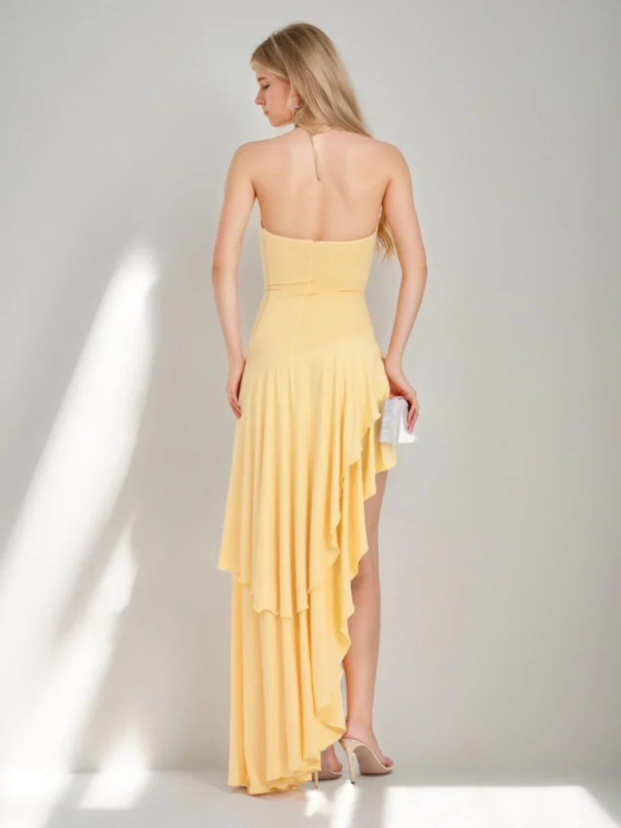Yellow Romantic A-Line Strapless Sleeveless Asymmetrical High -Low Ruffle Hem Prom Dresses