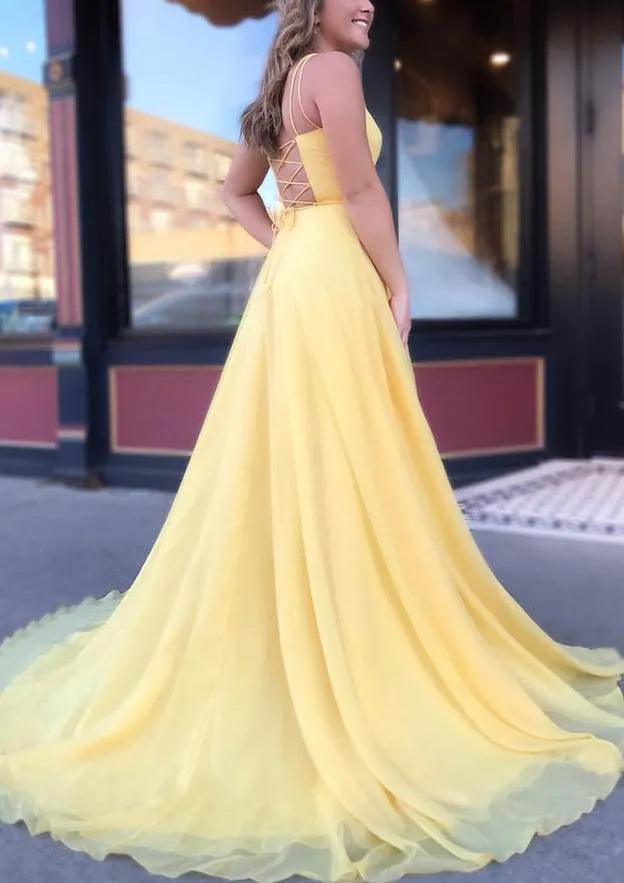 Yellow Romantic Prom Dresses - Square Neck Flowy Skirt for Dreamy Occasions