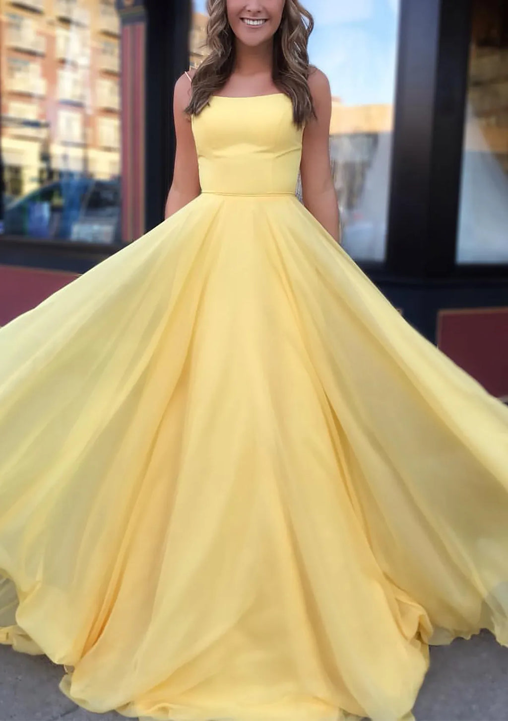 Yellow Romantic Prom Dresses - Square Neck Flowy Skirt for Dreamy Occasions