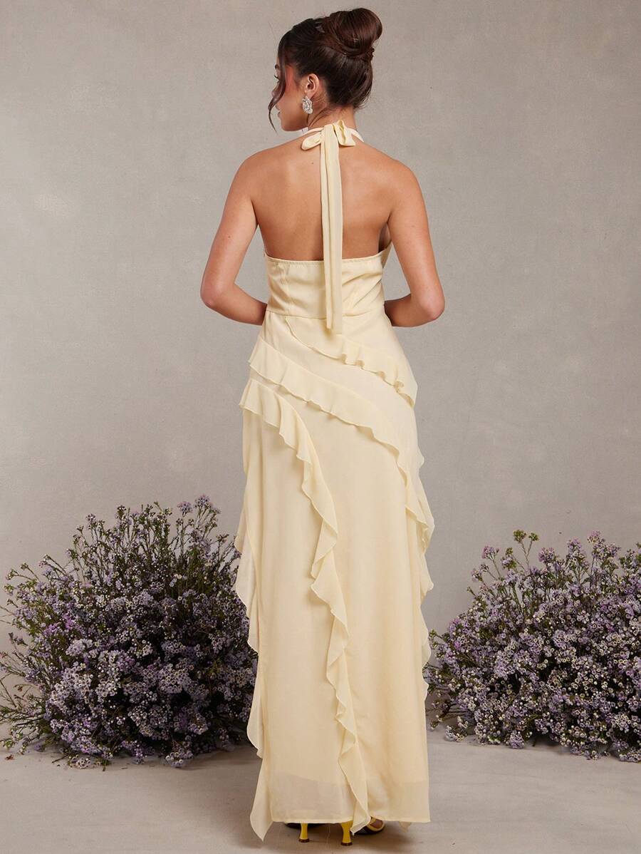 Yellow Romantic Sheath Halter Neck Sleeveless Tie -Back Floor-Length Ruffled Prom Dress