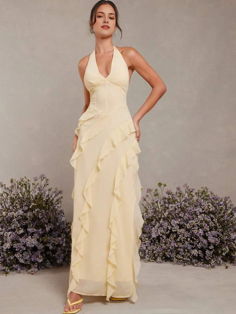 Yellow Romantic Sheath Halter Neck Sleeveless Tie -Back Floor-Length Ruffled Prom Dress