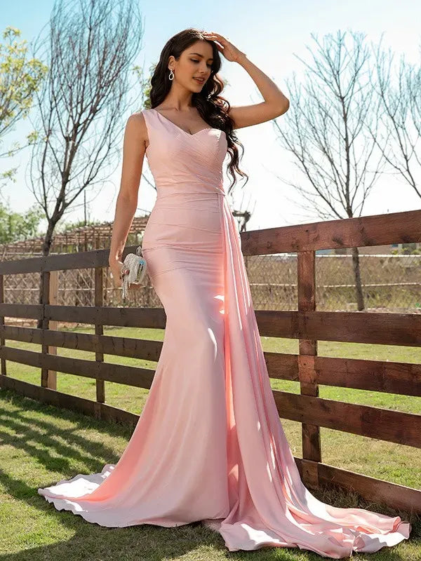 Romantic Sheath/Column One-Shoulder Sleeveless Back Zip Sweep/Brush Train Prom Dresses with Train