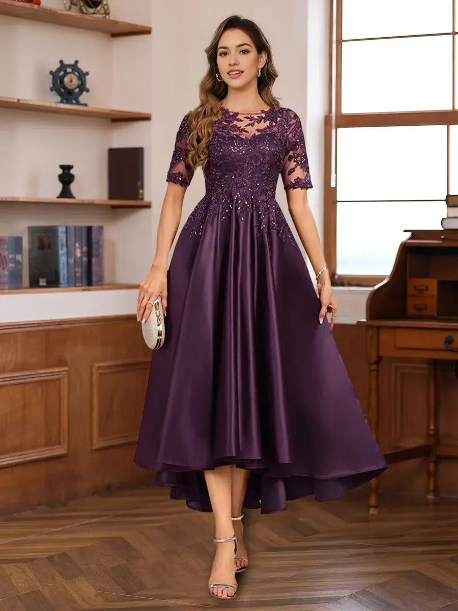 Round Neck Short Sleeves Asymmetrical Elegant Mother of the Bride Groom Dresses with Appliques