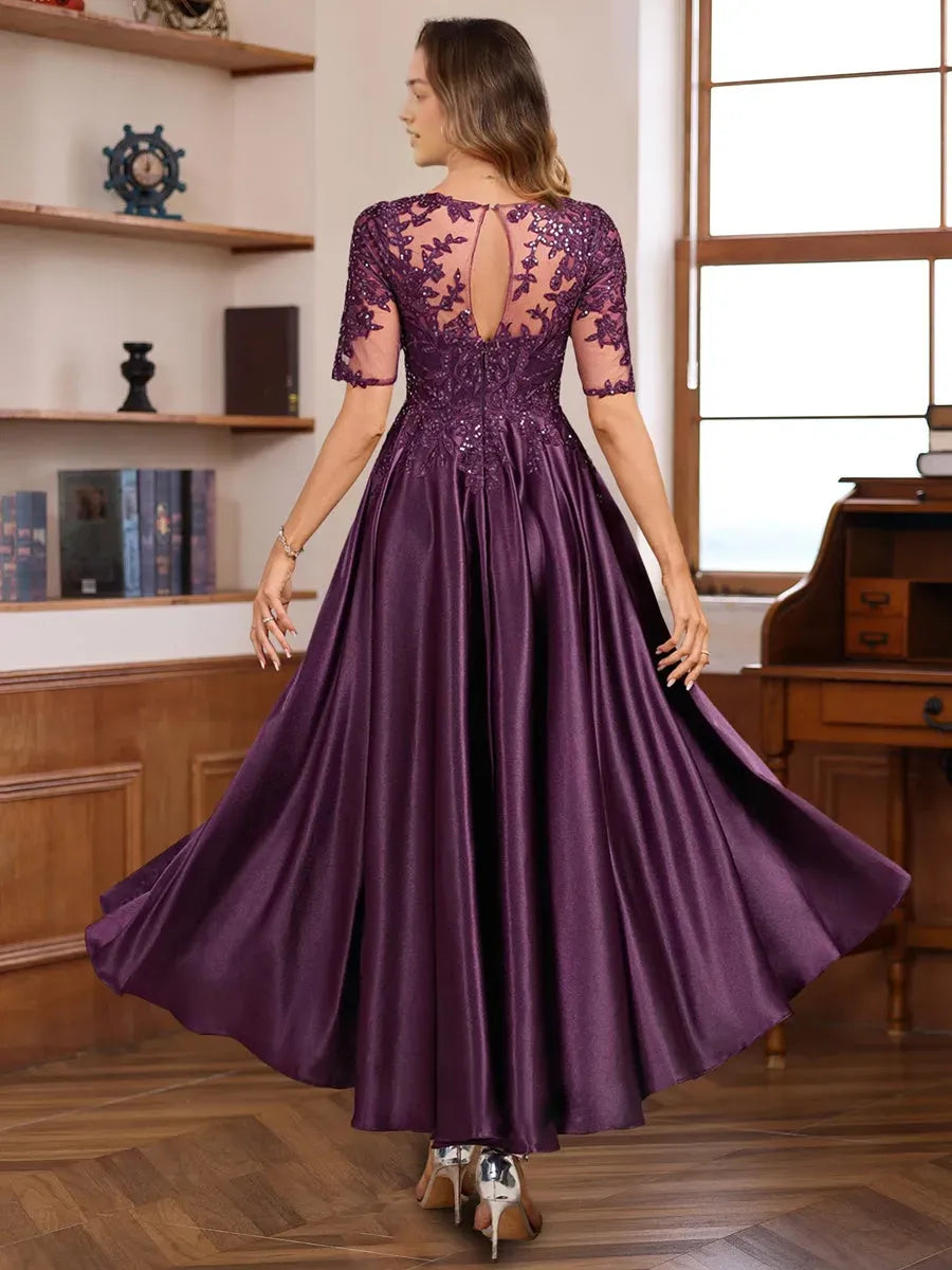Round Neck Short Sleeves Asymmetrical Elegant Mother of the Bride Groom Dresses with Appliques