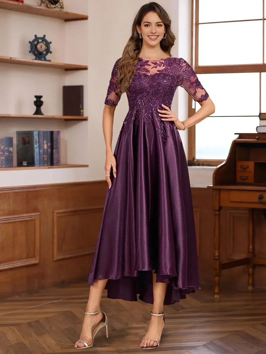 Round Neck Short Sleeves Asymmetrical Elegant Mother of the Bride Groom Dresses with Appliques