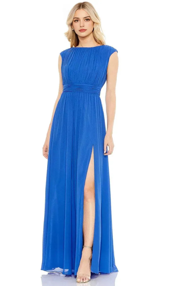 Blue Royal Evening Dress with Cap Sleeves Pleated Bodice Elastic Waistband and High Side Slit for Elegant Occasions