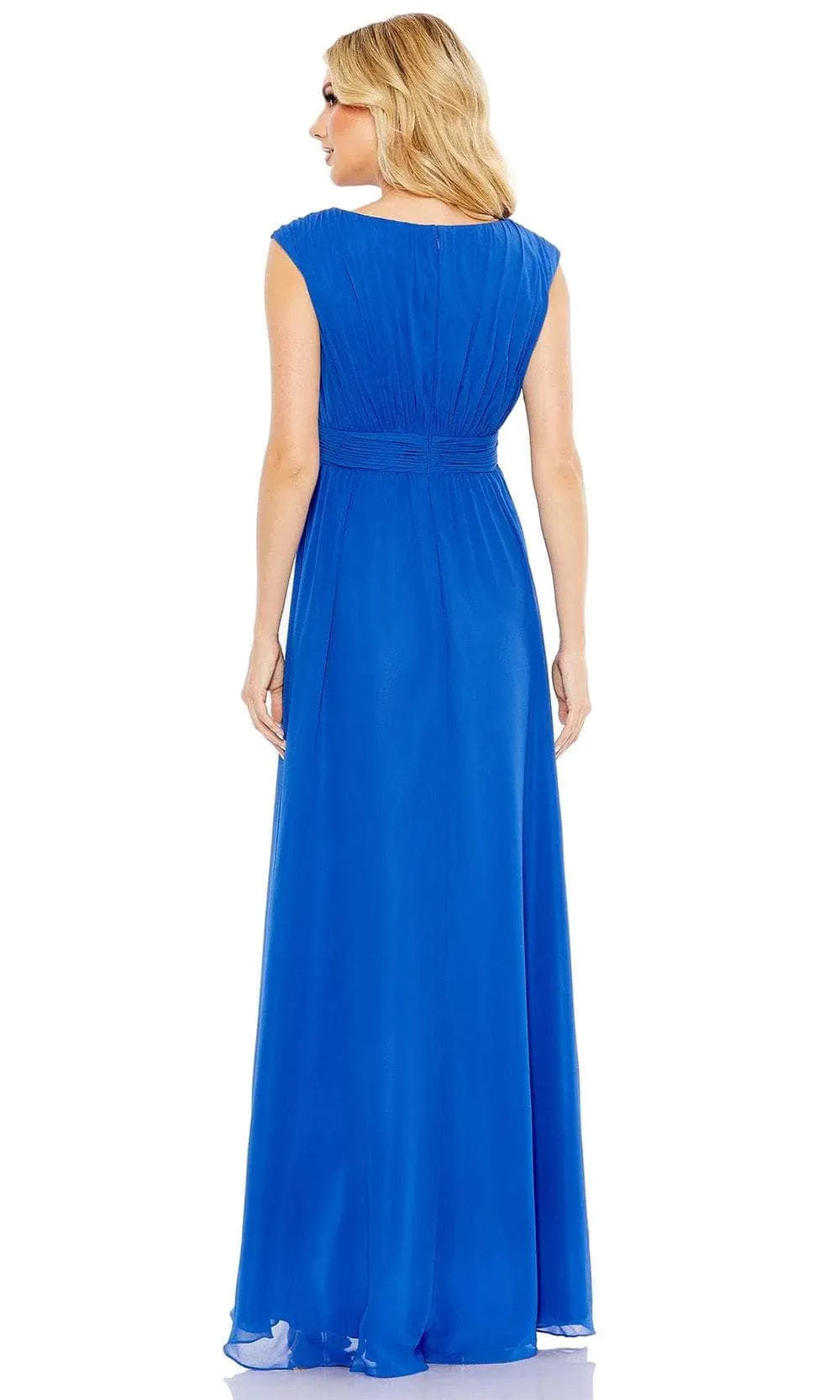 Blue Royal Evening Dress with Cap Sleeves Pleated Bodice Elastic Waistband and High Side Slit for Elegant Occasions