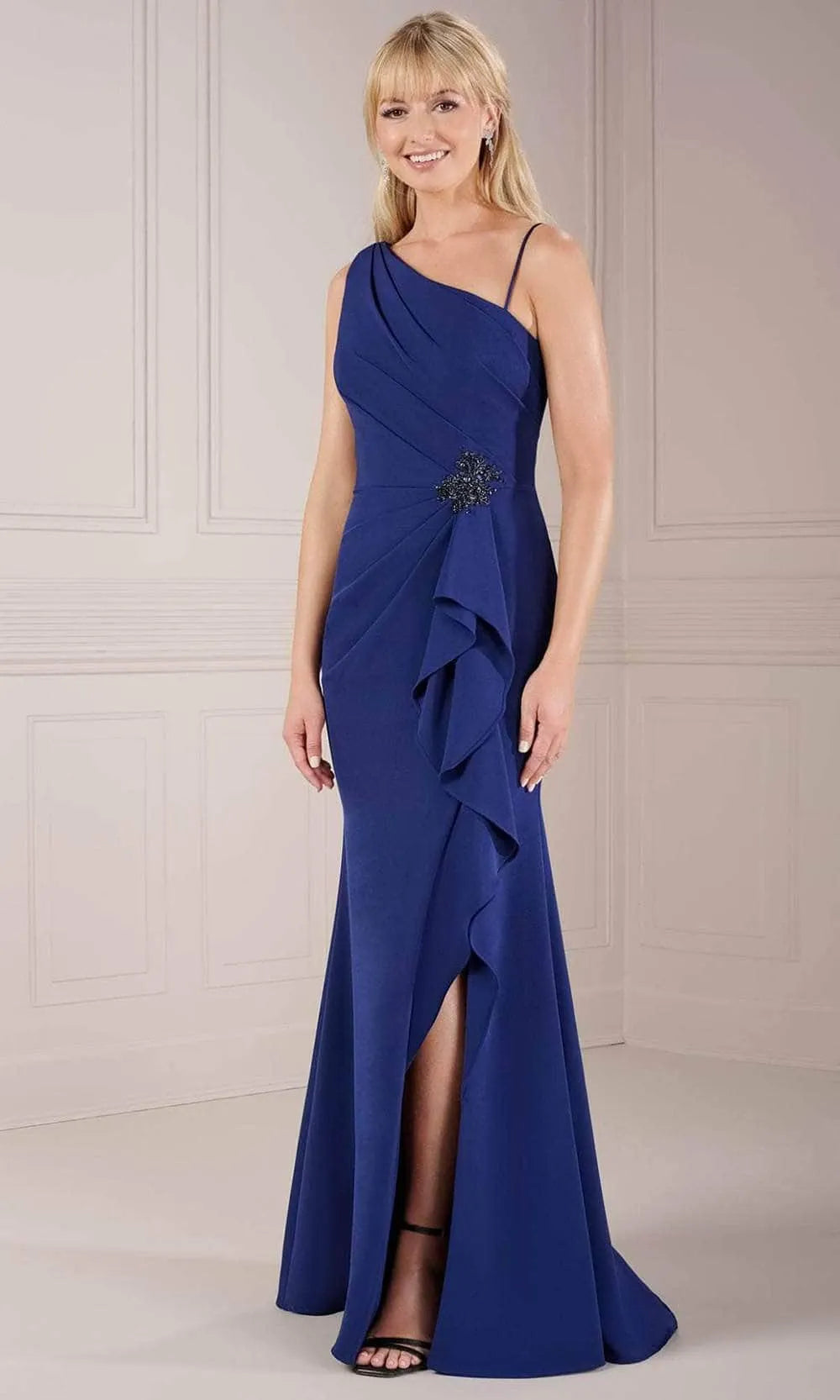 Blue Royal One Shoulder Evening Dresses with Asymmetric Ruffles Crystal Embellishment and High Side Slit