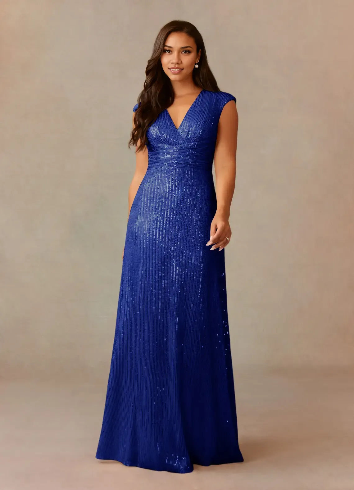 Refined Elegant Champagne Sequins A-Line V-Neck Ruffle Mother of the Bride Dress