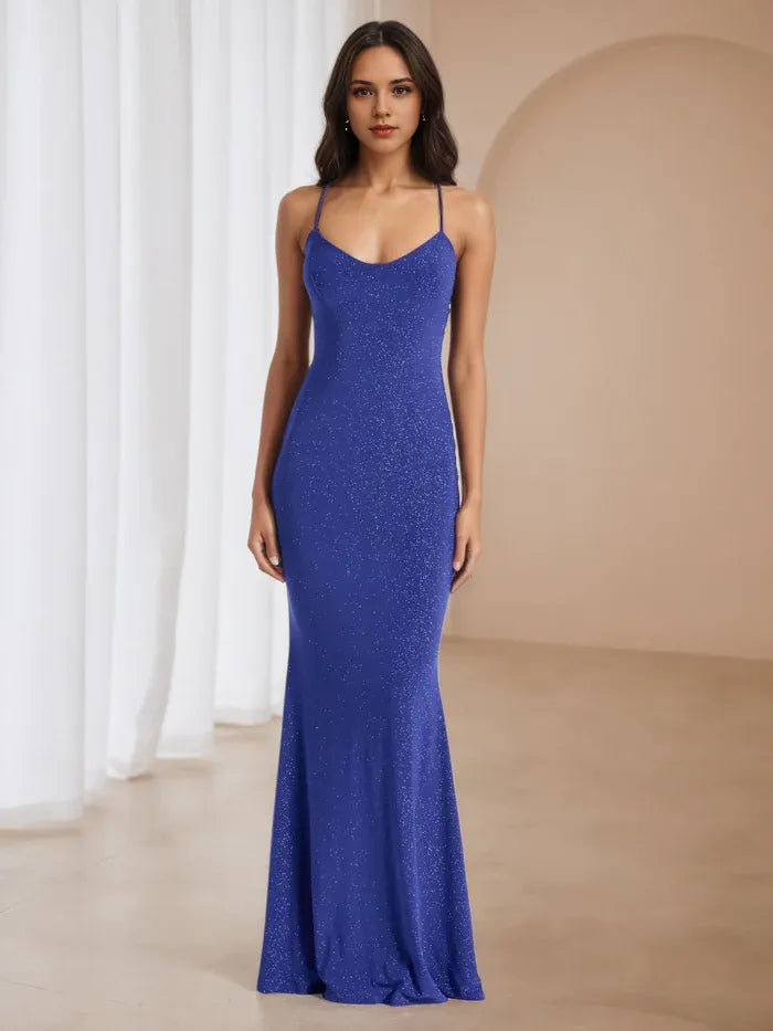 Blue Royal Glitter Prom Dress Plunge Neckline Spaghetti Straps Mermaid Fit for Dazzling Gala Nights