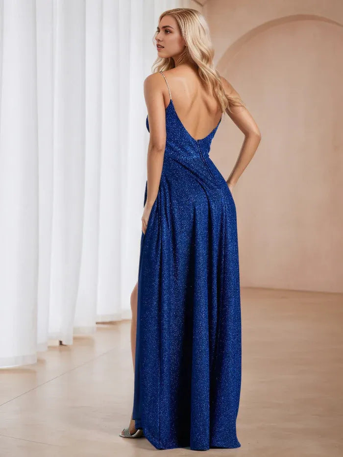 Blue Royal Glitter Prom Dress Strap High Slit Timeless Sparkle for Formal Galas