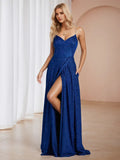 Blue Royal Glitter Prom Dress Strap High Slit Timeless Sparkle for Formal Galas