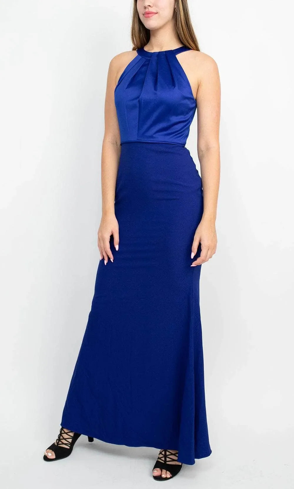 Blue Royal Halter Neck Evening Gown with Pleated Bodice Contrast Textured Skirt and Floor - Length Mermaid Silhouette for Formal Occasions