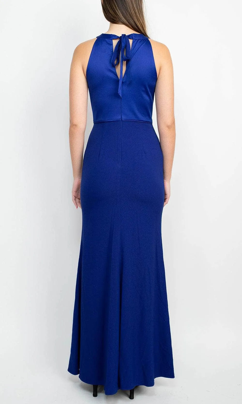 Blue Royal Halter Neck Evening Gown with Pleated Bodice Contrast Textured Skirt and Floor - Length Mermaid Silhouette for Formal Occasions