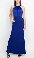 Blue Royal Halter Neck Evening Gown with Pleated Bodice Contrast Textured Skirt and Floor - Length Mermaid Silhouette for Formal Occasions