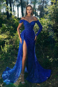 Blue Royal Long Sleeves Sequins Mermaid Evening Dress With Slit