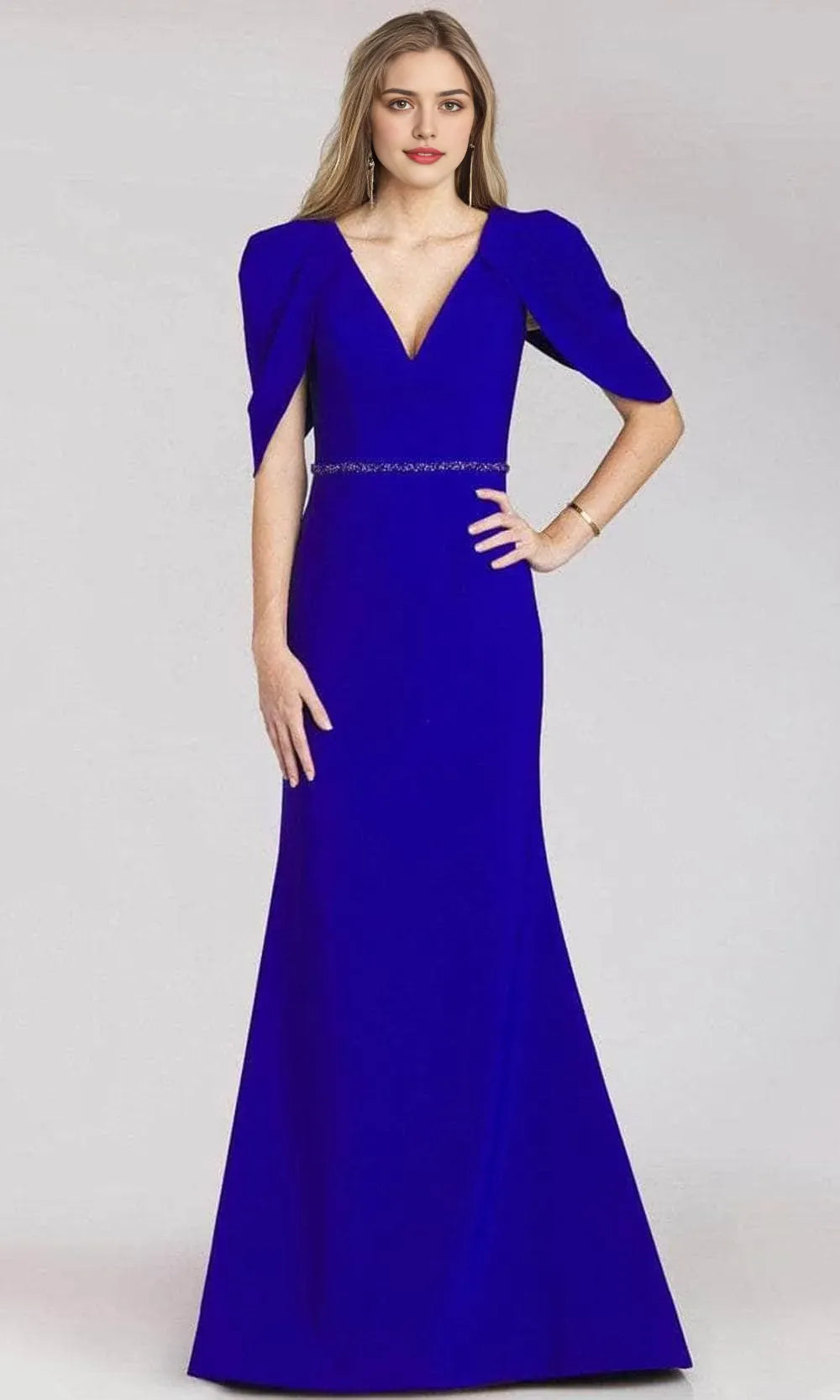 Blue Royal Mermaid Evening Dresses with Cape Style Sleeves Plunging V Neck and Waist Accent Perfect for a Stunning Entrance