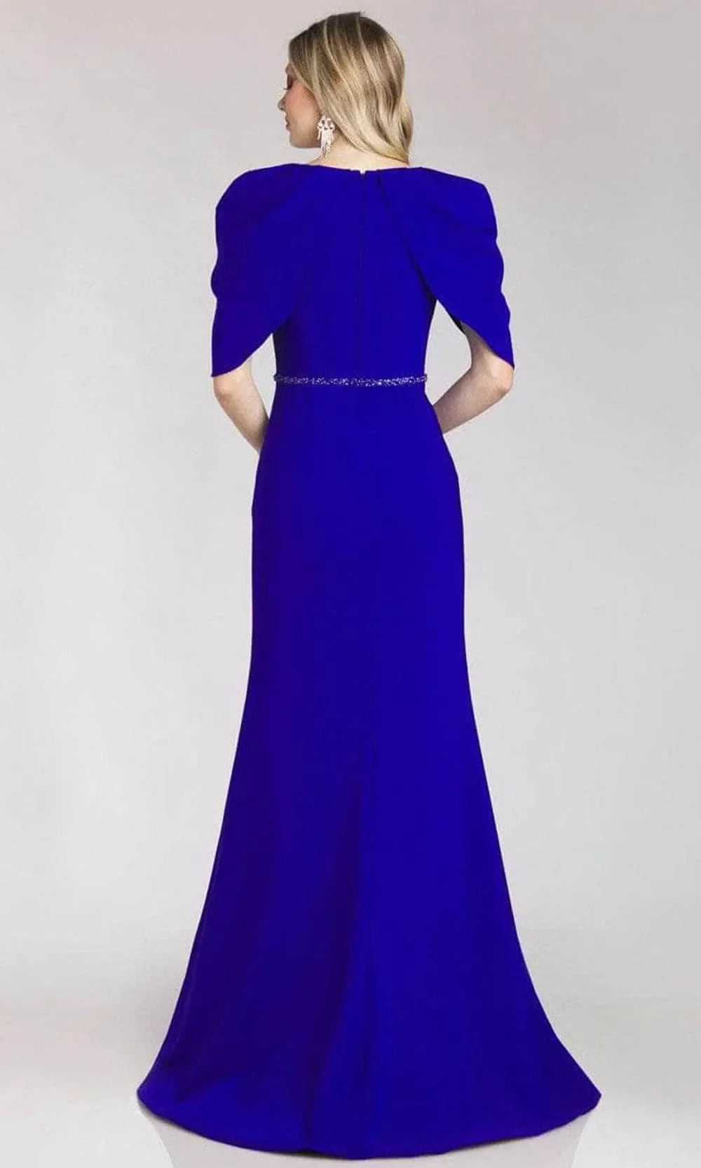 Blue Royal Mermaid Evening Dresses with Cape Style Sleeves Plunging V Neck and Waist Accent Perfect for a Stunning Entrance